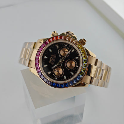 Rainbow Bezel Black Dial Chronograph - Rose Bracelet - VK63 Movement