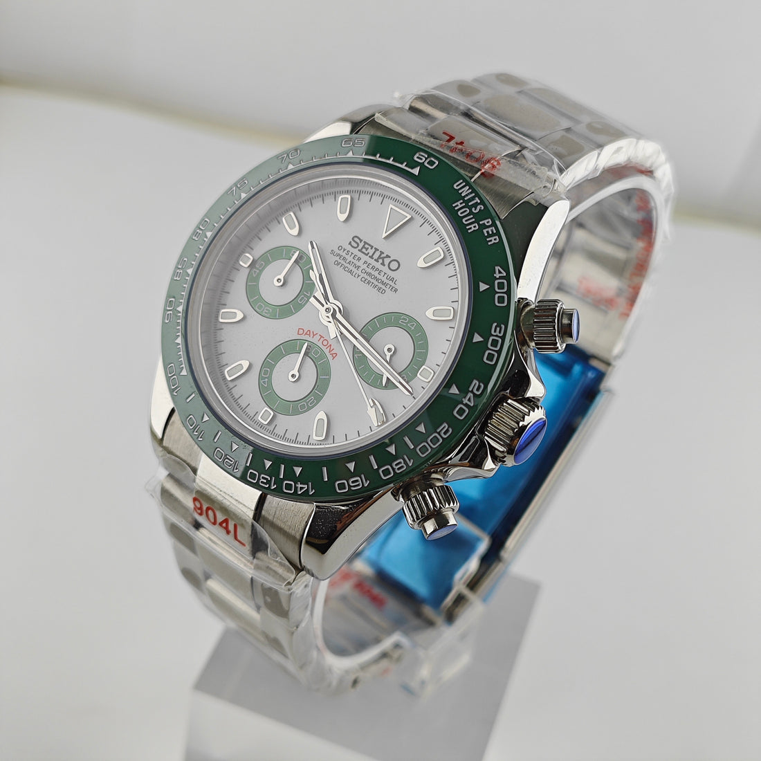 White Green Dial Green Bezel Chronograph - Steel Bracelet - VK63 Movement