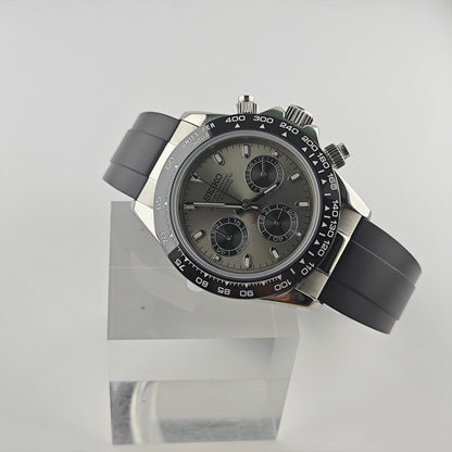 Silver Dial Black Bezel Chronograph - Rubber Strap - VK63 Movement