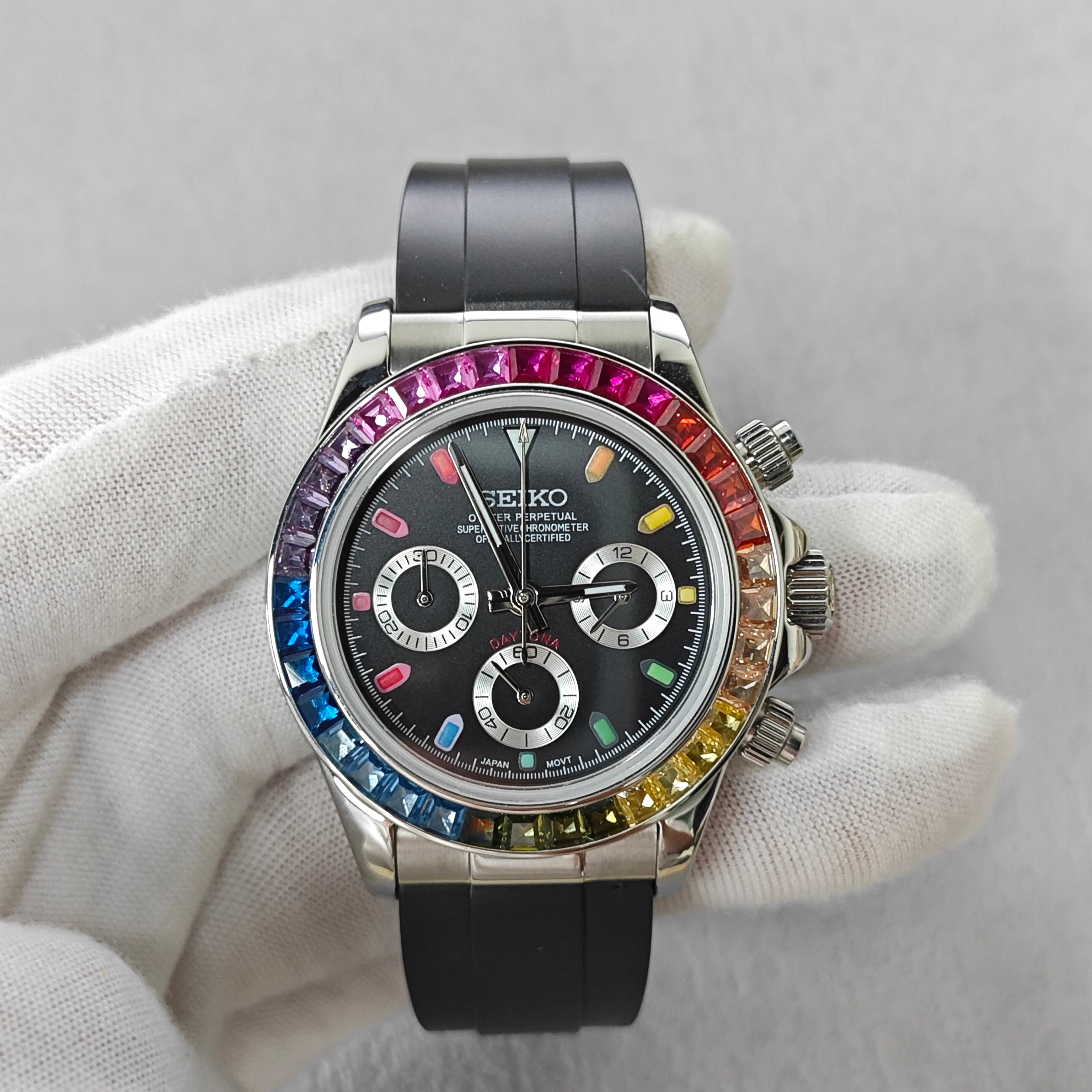 Rainbow Black Dial Rainbow Bezel Chronograph - Rubber Strap - VK63 Movement