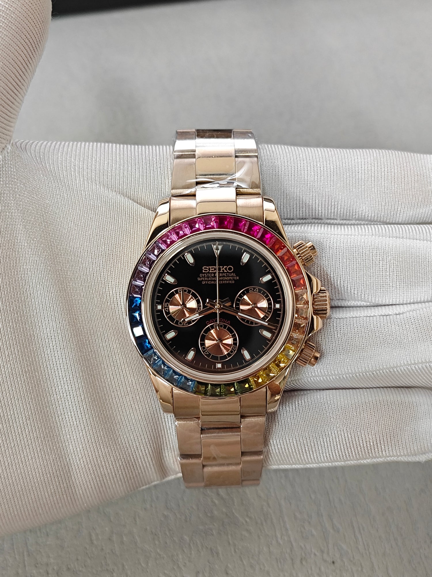 Rainbow Bezel Black Dial Chronograph - Rose Bracelet - VK63 Movement