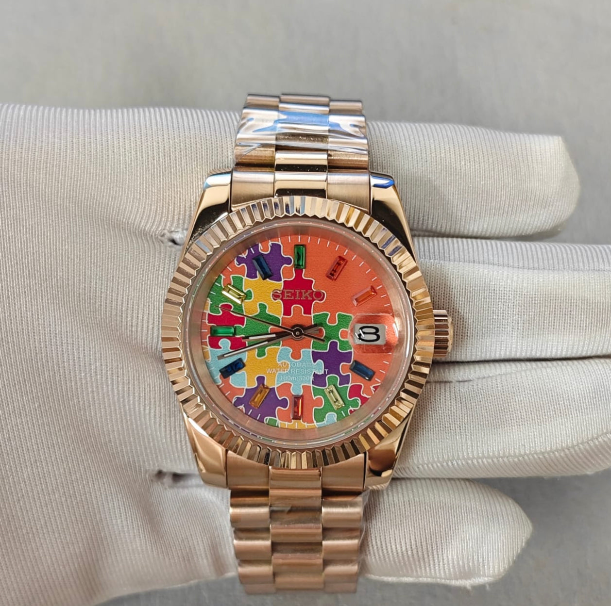 Orange Puzzle Date Just - Fluted Bezel- RoseTone Case - Presidential Bracelet - NH35 Automatic Movement