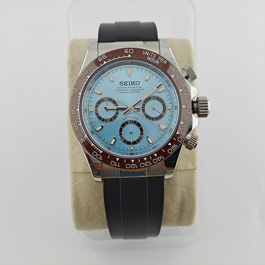 “Platinum” Dial Brown Bezel Chronograph - Rubber Strap - VK63 Movement