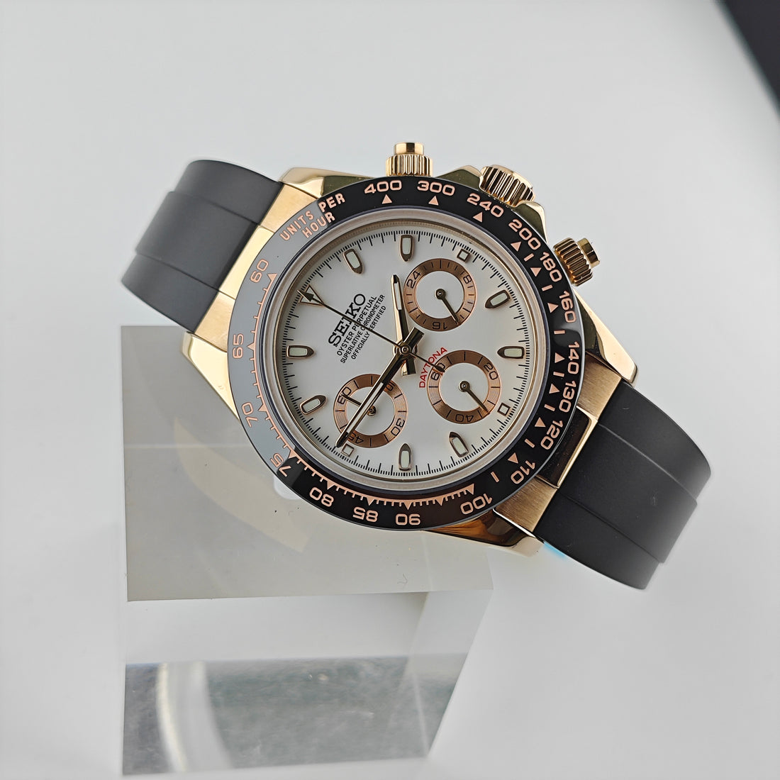 White/Rose Dial Black Bezel Rose Case Chronograph - Rubber Strap - VK63 Movement