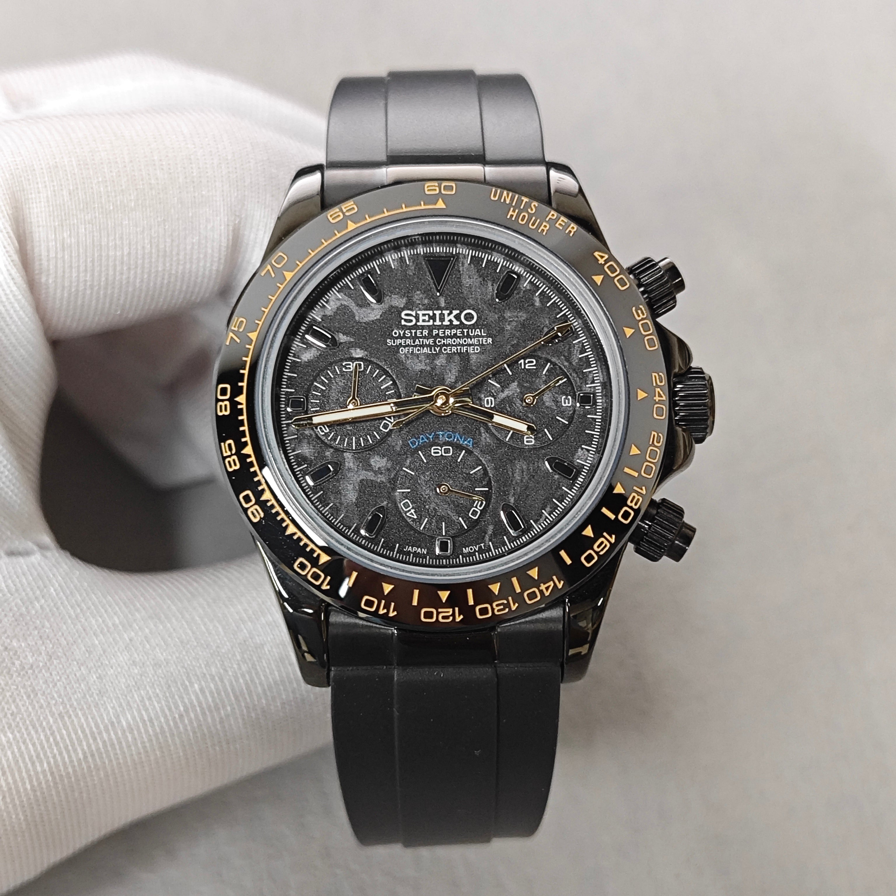 Black “Carbon” Dial Black/Yellow Bezel Chronograph - Rubber Strap - VK63 Movement