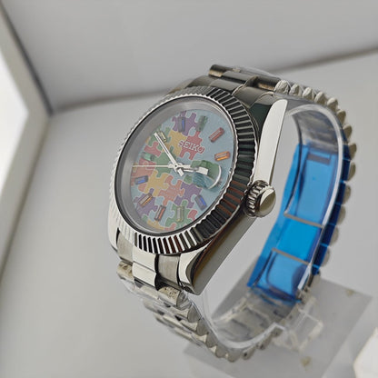 Blue Puzzle Date Just - Fluted Bezel- Steel Case - Presidential Bracelet - NH35 Automatic Movement