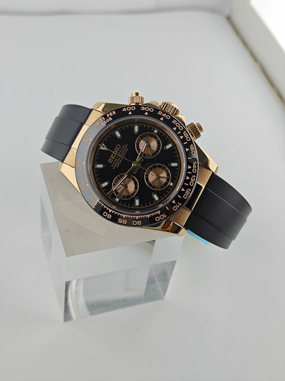 Black Dial Black Bezel Chronograph - Rose Case - Rubber Strap - VK63 Movement