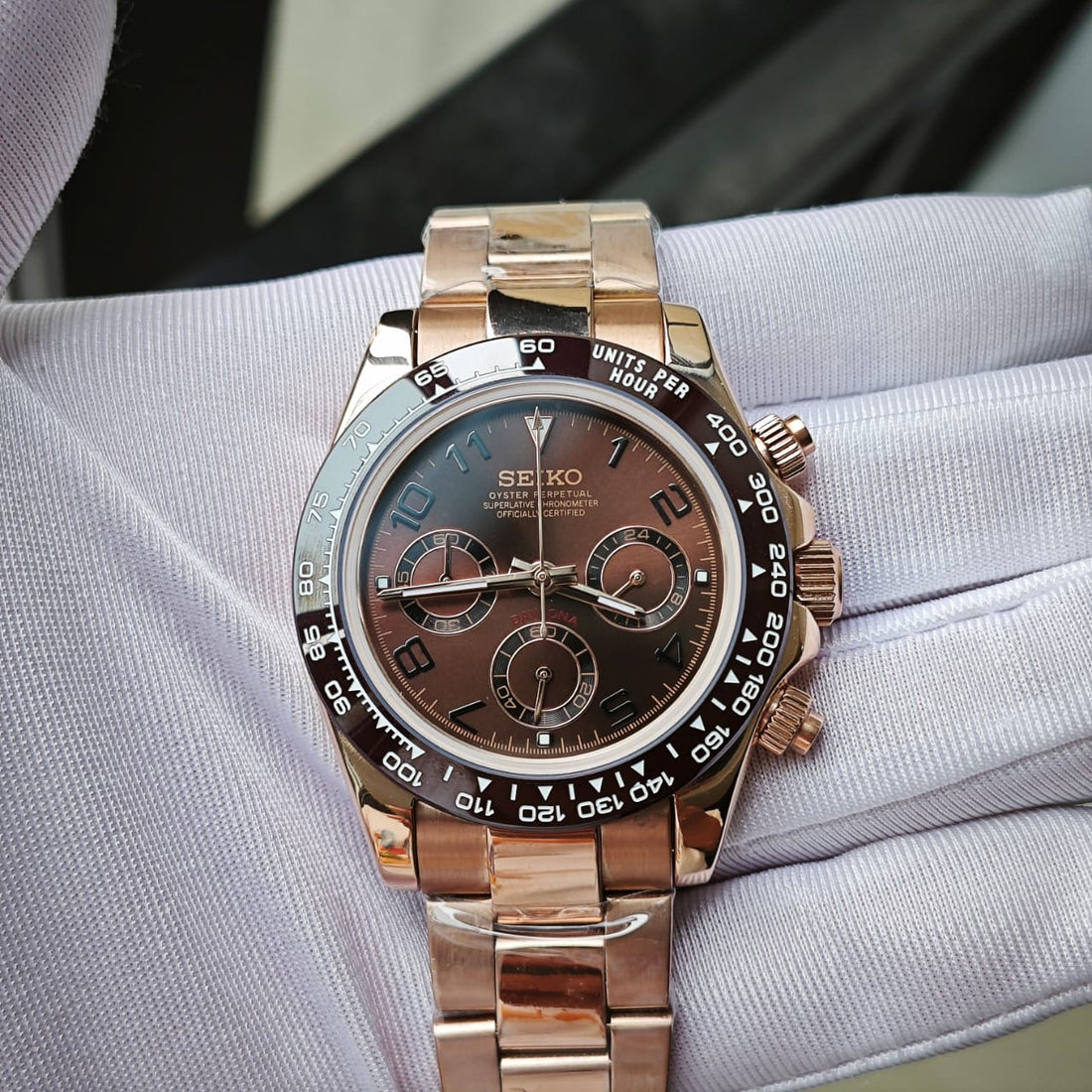 Chocolate Dial Brown Bezel Chronograph Rose - Rose Bracelet - VK63 Movement