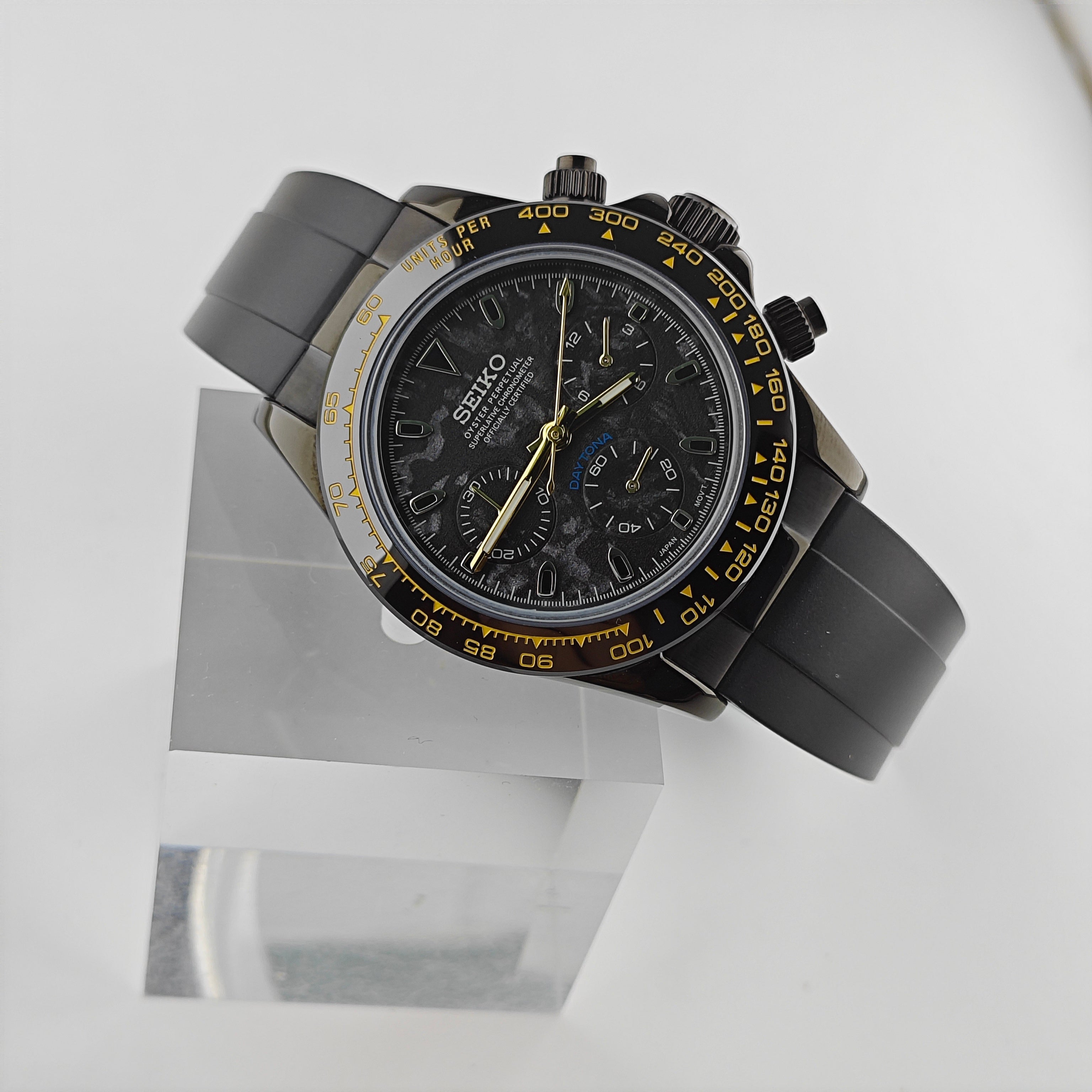 Black “Carbon” Dial Black/Yellow Bezel Chronograph - Rubber Strap - VK63 Movement