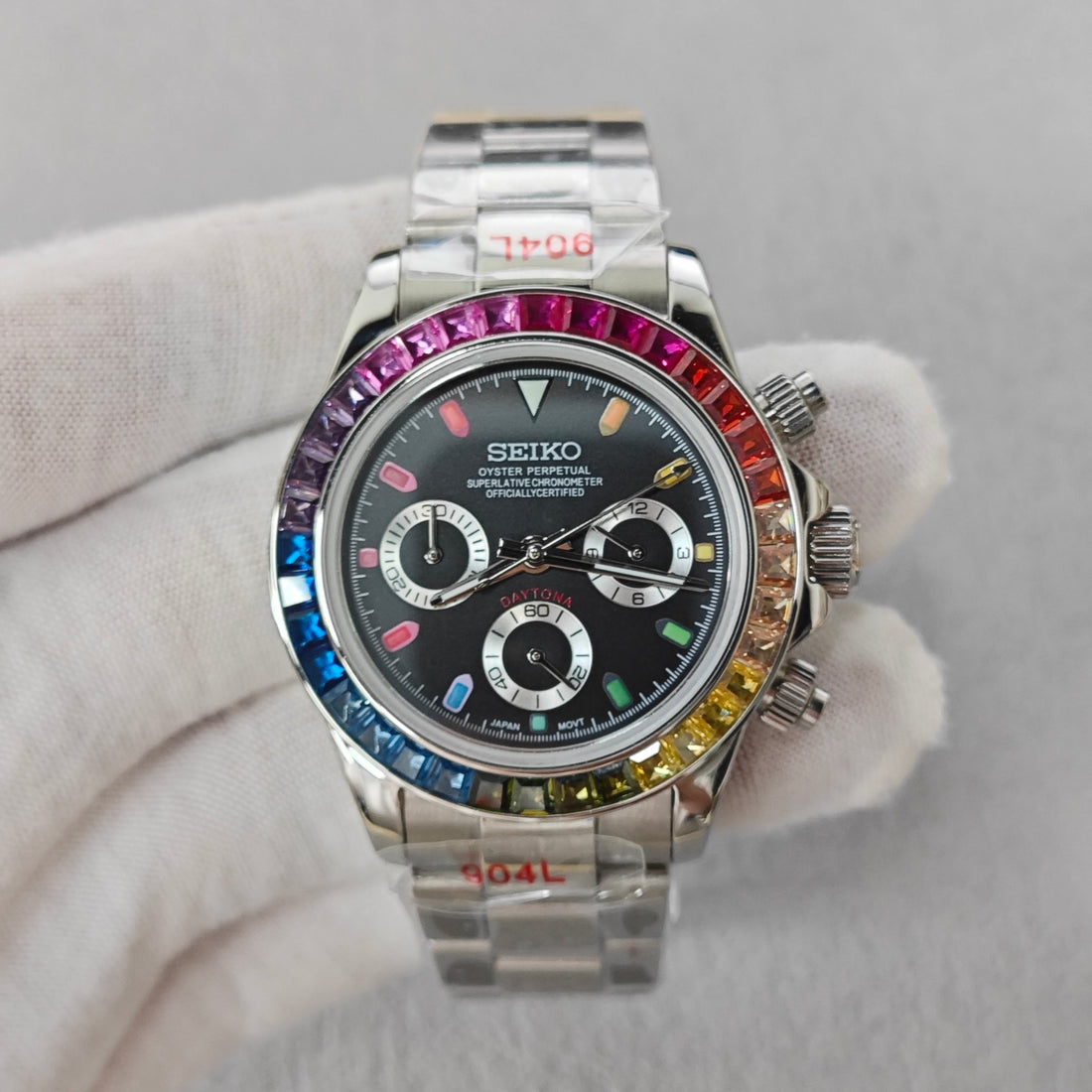 Rainbow Bezel Black Dial Chronograph - Steel Bracelet - VK63 Movement