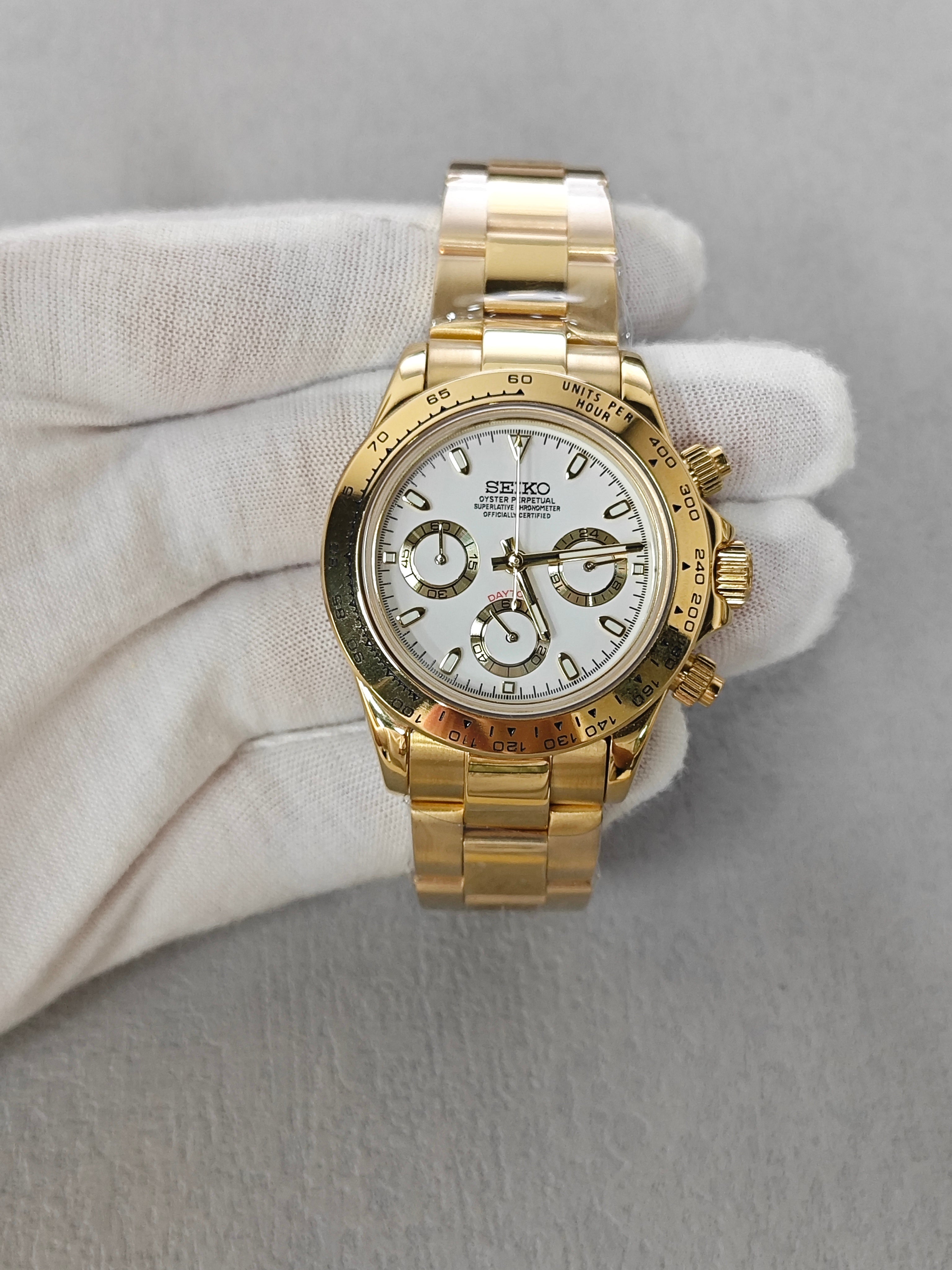 White Dial Yellow Gold Bezel Chronograph - Yellow Tone Bracelet - VK63 Movement