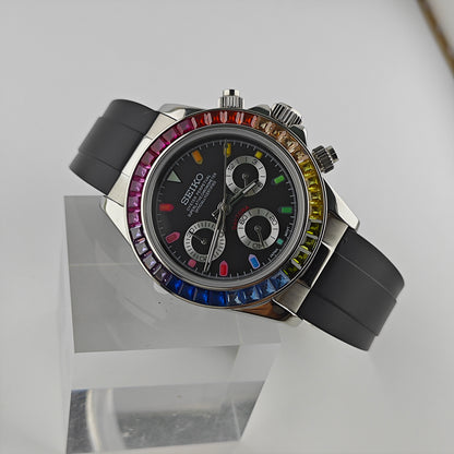 Rainbow Black Dial Rainbow Bezel Chronograph - Rubber Strap - VK63 Movement