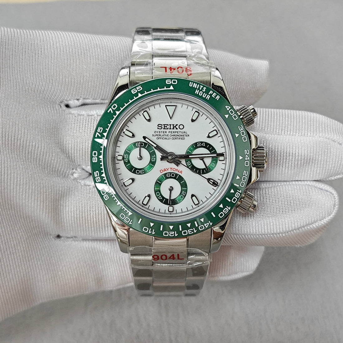 White Green Dial Green Bezel Chronograph - Steel Bracelet - VK63 Movement