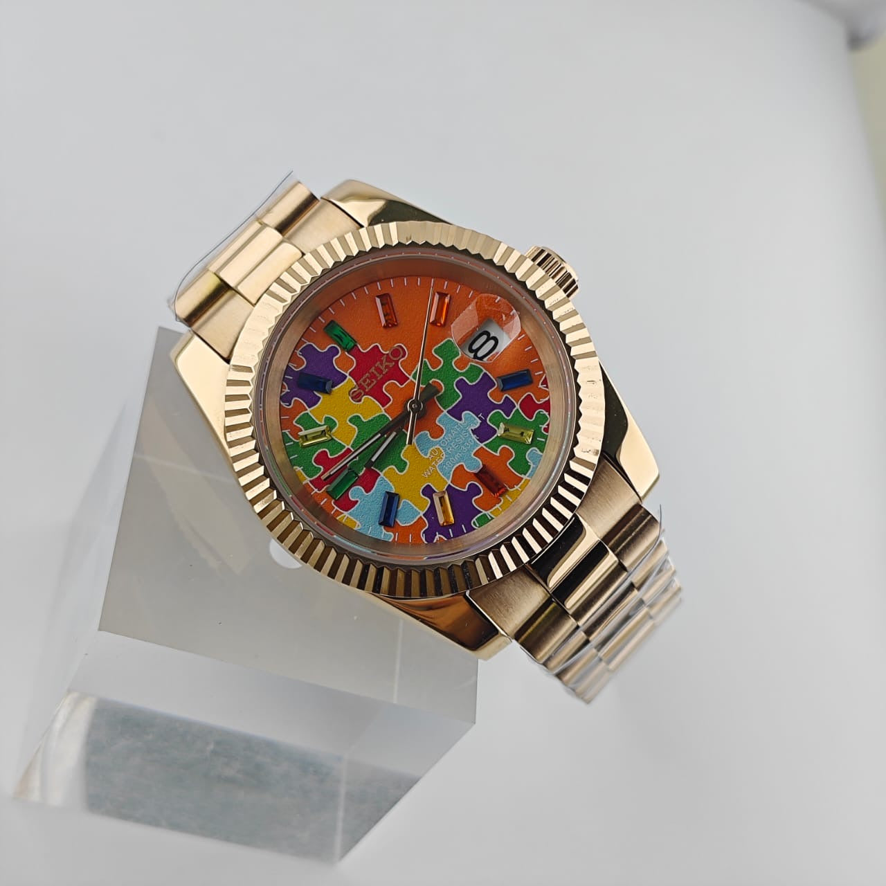 Orange Puzzle Date Just - Fluted Bezel- RoseTone Case - Presidential Bracelet - NH35 Automatic Movement