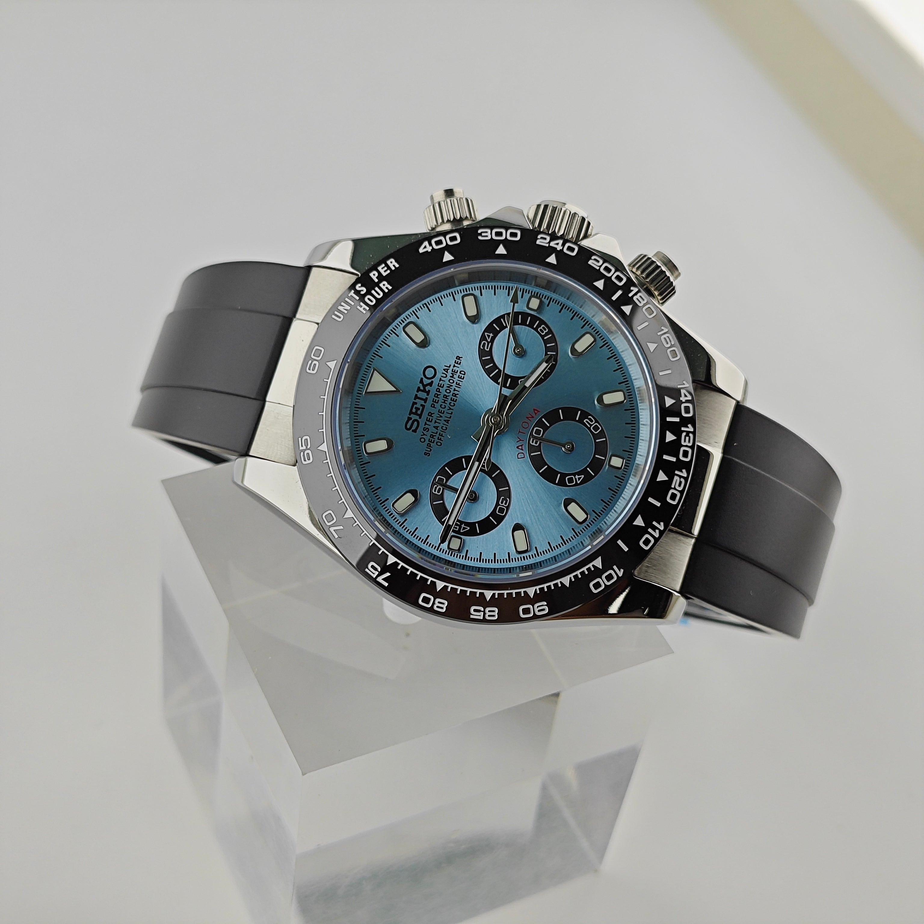 &quot;Platinum&quot; Dial Black Bezel Chronograph - Rubber Strap - VK63 Movement