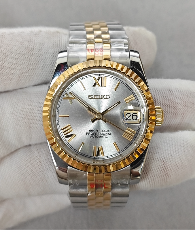 Silver Dial Date Just - Fluted Bezel- Roman Numerals - Yellow Gold Tone Two-Tone Jubilee Bracelet - NH35 Automatic Movement