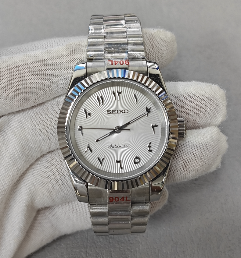 White Sunburst Arabic Dial Date Just - Fluted Bezel-  Steel President Bracelet - NH35 Automatic Movement